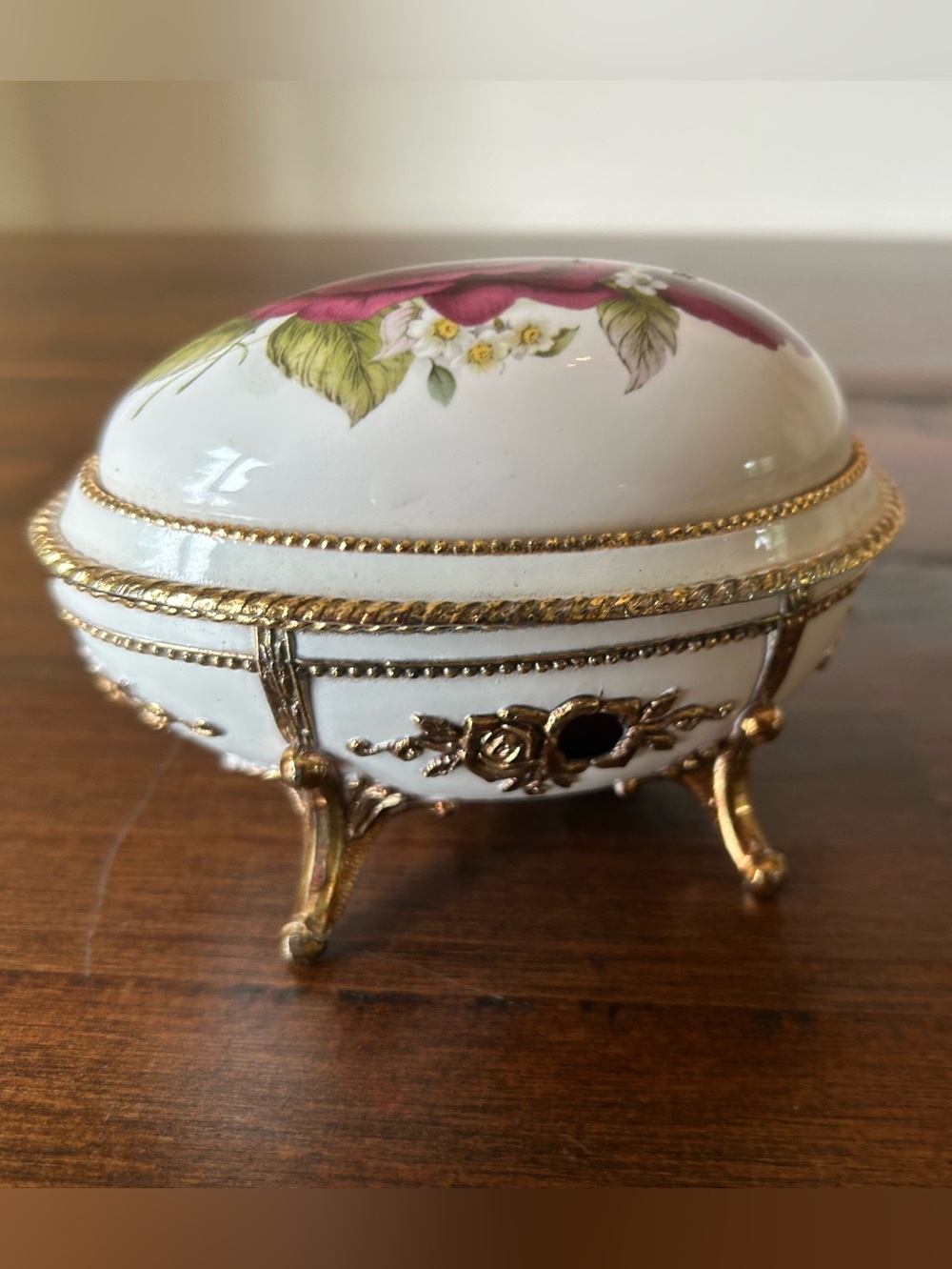 Beautiful Vintage Porcelain Egg Music Box - Hinged Footed Trinket Box - Made in
